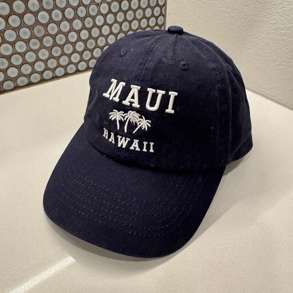 Vintage Maui Hawaii Hat Cap Strap Back Blue Islands Palm Print Adult Casual